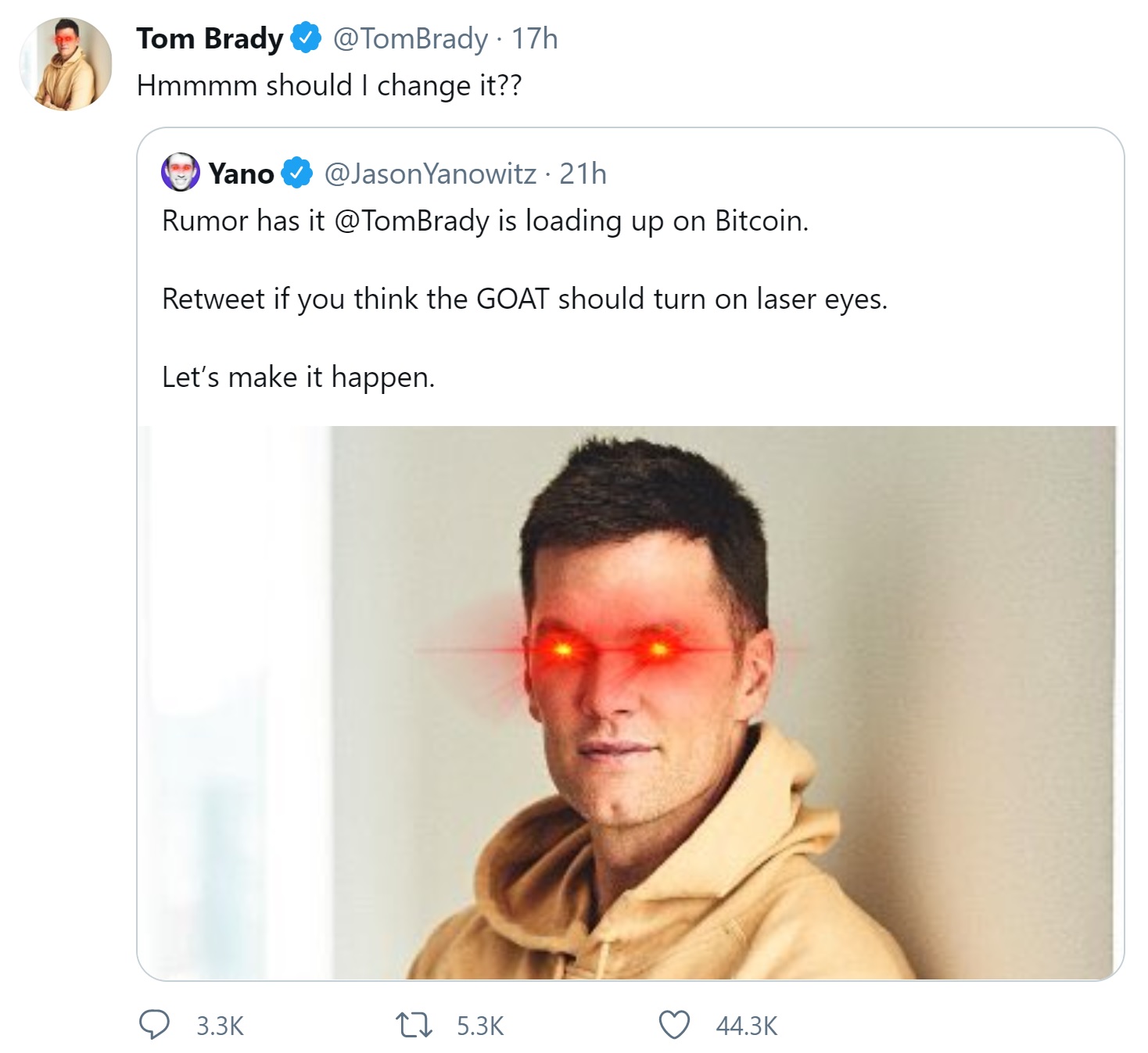 NFL Star Quarterback Tom Brady Hops on the Bitcoin Bandwagon, Turns on Laser Eyes